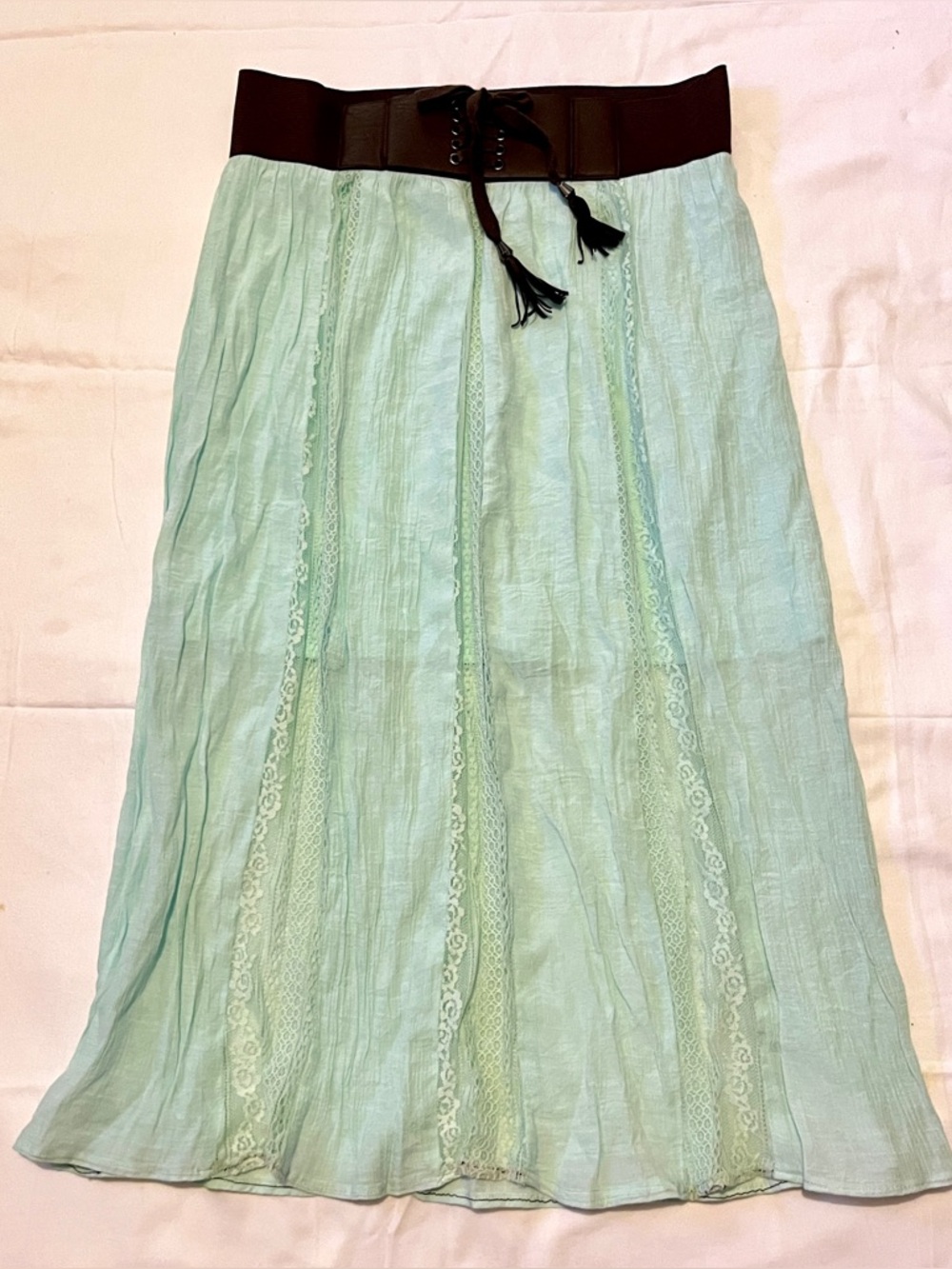 No Boundaries Mint Green Lace Midi Skirt with Brown Corset Waist